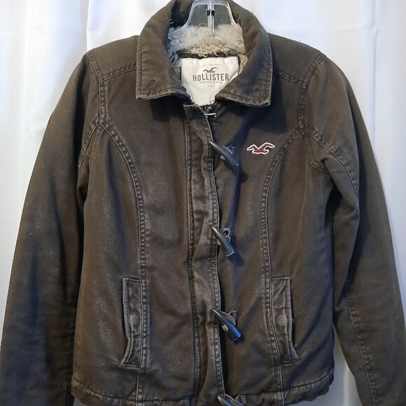 HOLLISTER Bomber Jacket Sherpa Fur Lined XS Brown Winter Coat Very warm & stylis - Picture 2 of 14